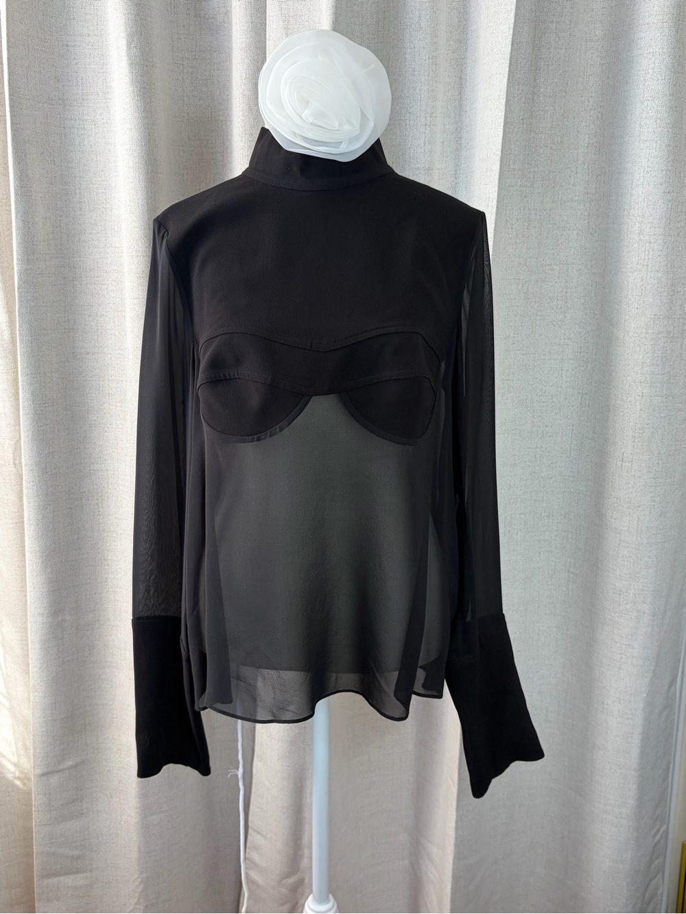 Dion Lee Silk Black Sheer Mock-Neck Blouse with Built-In Bust Detail